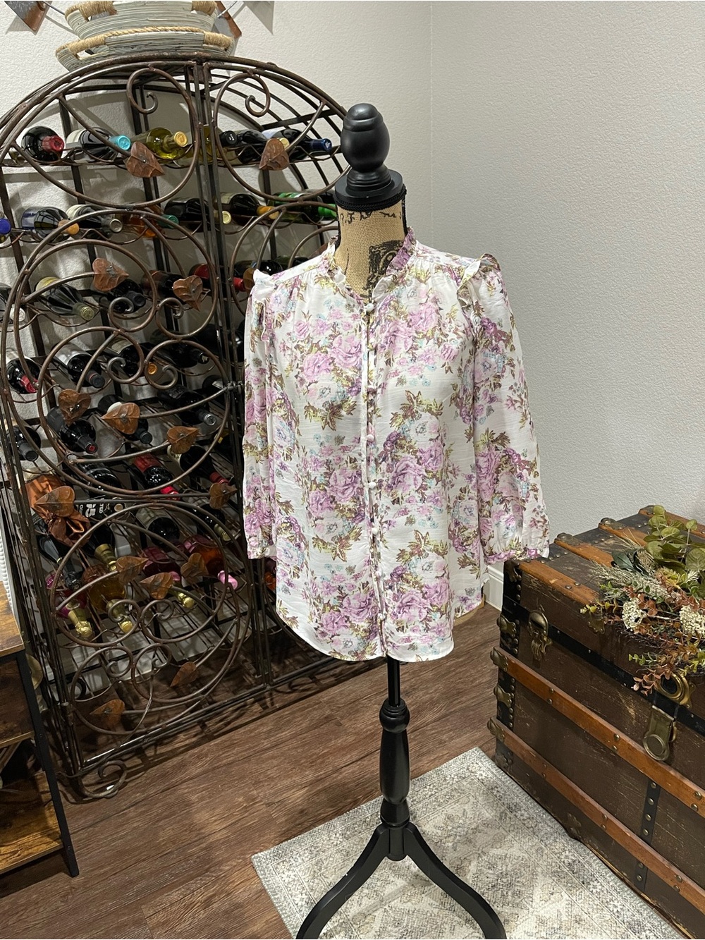 LC Lauren Conrad Cream Blouse with Pink Floral Print